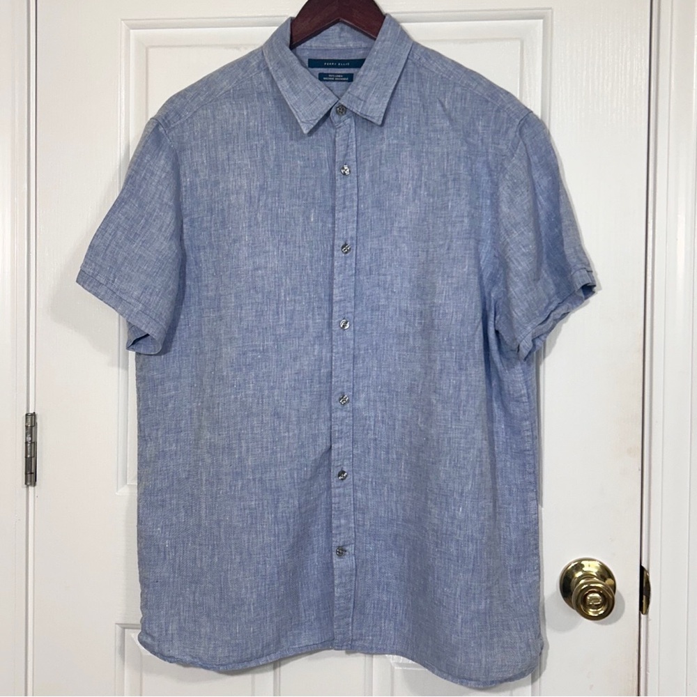 Perry Ellis Men Large Linen Blue Short Sleeve Button Up Casual Dress Shirt Large